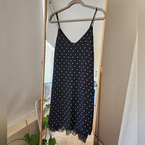 H&M Black Midi Dress with White Polka Dots and Black Lace Trim